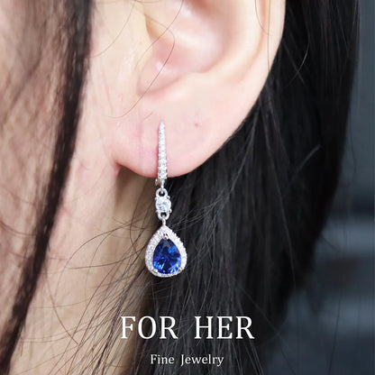 EARRINGS - Water Drop Design, .925 Sterling Silver,  Sapphire Luxury Fine Jewelry