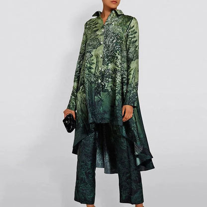 SETS - Beautifully made Asymmetrical Pattern Printed Two-piece Sets, Lapel Button, Hem Shirt w/Straight Pants in 2 shades of green..