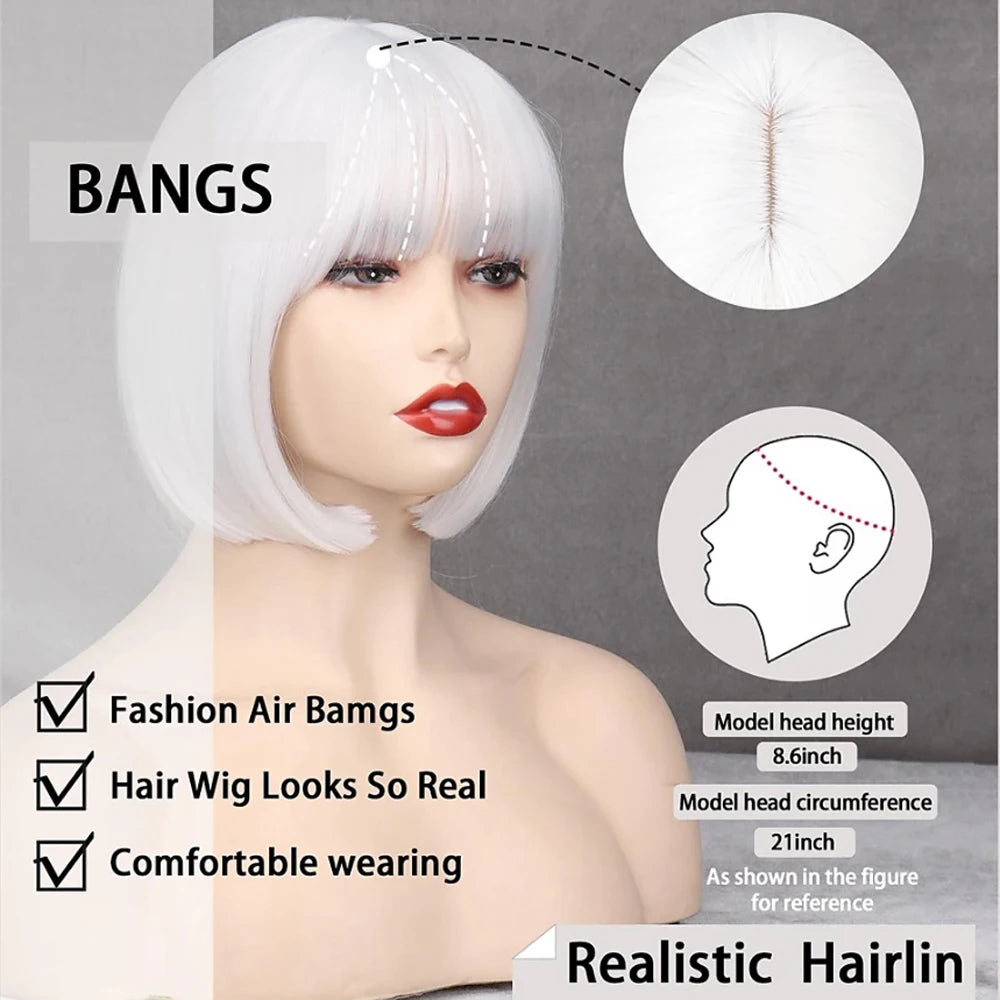 HAIR - Discover the allure of a short, straight bob wig available in white or dark umber red, featuring bangs for a complete look. Crafted from natural, synthetic hair that mimics the appearance of natural locks, this