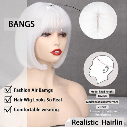 HAIR - Discover the allure of a short, straight bob wig available in white or dark umber red, featuring bangs for a complete look. Crafted from natural, synthetic hair that mimics the appearance of natural locks, this