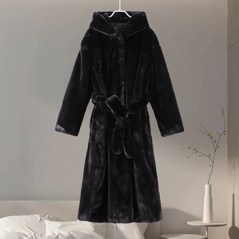 FAUX FUR COAT - Soft and Thick Imitation Mink Fur Coat, Black Hooded, Warm and Comfortable.