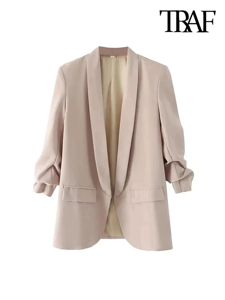 BLAZER JACKET - Divas Chic Vintage Casual Open Blazer Coat,  Long Pleated Sleeves, Flap Pockets