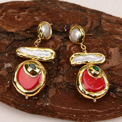 G-G Natural Red Coral Gold Edge Plated Green CZ Crystal Pave White Biwa Pearl Dangle Earrings Lady Coral Jewelry Gifts