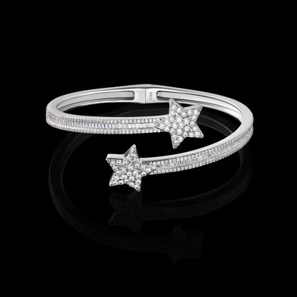 FJ BRACELET - Fashion Trendy Fine .925 Sterling Silver, VVS - D Baguette Moissanite Diamonds, Star Bangle Design.