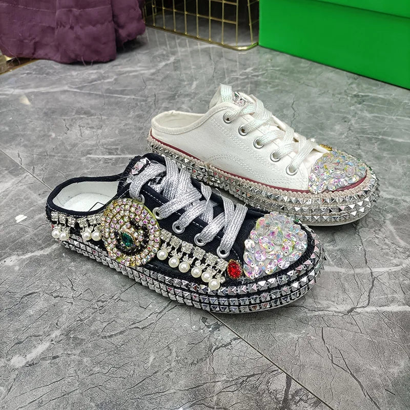 FOOTWEAR - Canvas shoes embellished with sparkling rhinestone diamonds, featuring handmade rivets, a half-slipper design, round toe, and a low heel, available in two colors.