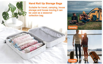 TRAVEL - Compression Bags , No Pump Needed, Roll Up Travel Space Saver Storage Bags, Land, Air Road and Cruise Ship Essentials  Packing-Organizer