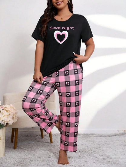 LINGERIE - Sleepwear Heart & Plaid Short Sleeve Tee and Pants.  Very Soft and Comfortable.