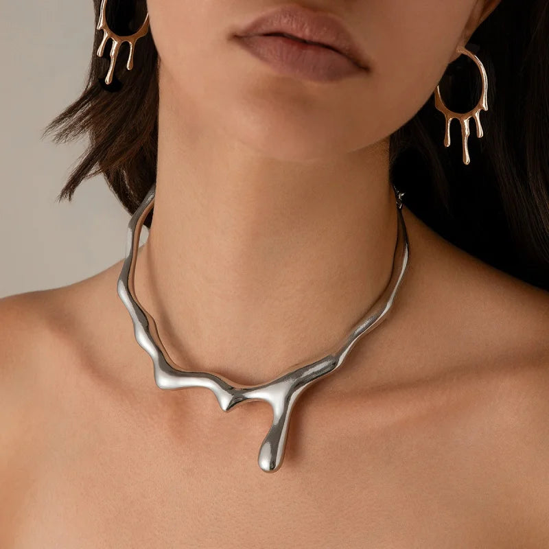 NECKLACE - Lava Water Drop Liquid Metal Collar, Four Designs, Two Colors,Simple Round Irregular Choker.