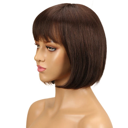 HAIR - Chic Short Real Human Hair Wig with Bangs, Pixie Cut Brazilian Hair Wigs, suitable for all occasions, are available in nine (9) colors and are ten (10) inches long. They are easy to maintain, style, trim, and care for.