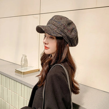 HAT -  Newsboy Cap, Six Colors, Thickened Plaid Woolen Octagonal Hat with Brim for Shade.