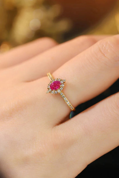 RING - Jewelry Designer LUOWEND, 100% 18K Yellow Gold Rings, Elegant Angel Eyes Shape, Natural Diamond, and Natural Ruby Ring