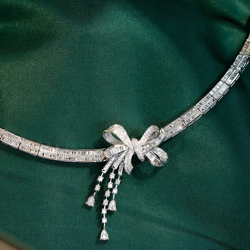 FJ NECKLACE - Stunning 18K White Gold Bowknot Necklace, Accented with Real Diamonds, 7.8caret. H SI Charm Jewelry