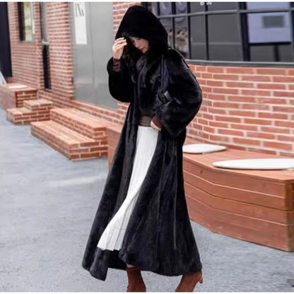 FAUX FUR COAT - Soft and Thick Imitation Mink Fur Coat, Black Hooded, Warm and Comfortable.