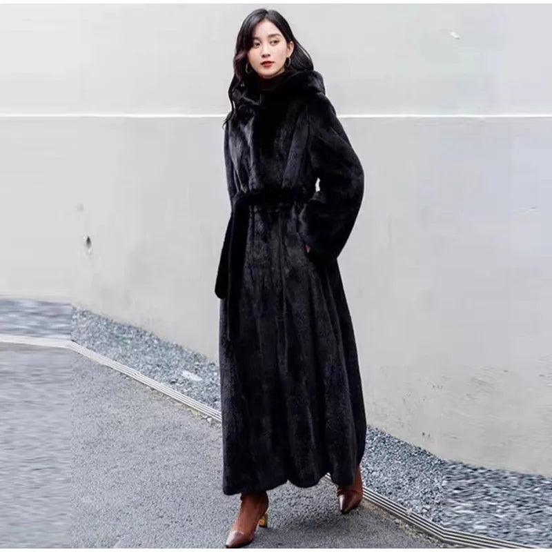 FAUX FUR COAT - Soft and Thick Imitation Mink Fur Coat, Black Hooded, Warm and Comfortable.