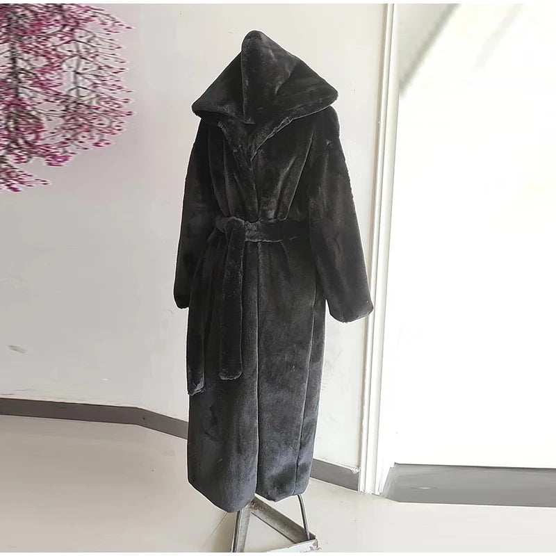 FAUX FUR COAT - Soft and Thick Imitation Mink Fur Coat, Black Hooded, Warm and Comfortable.