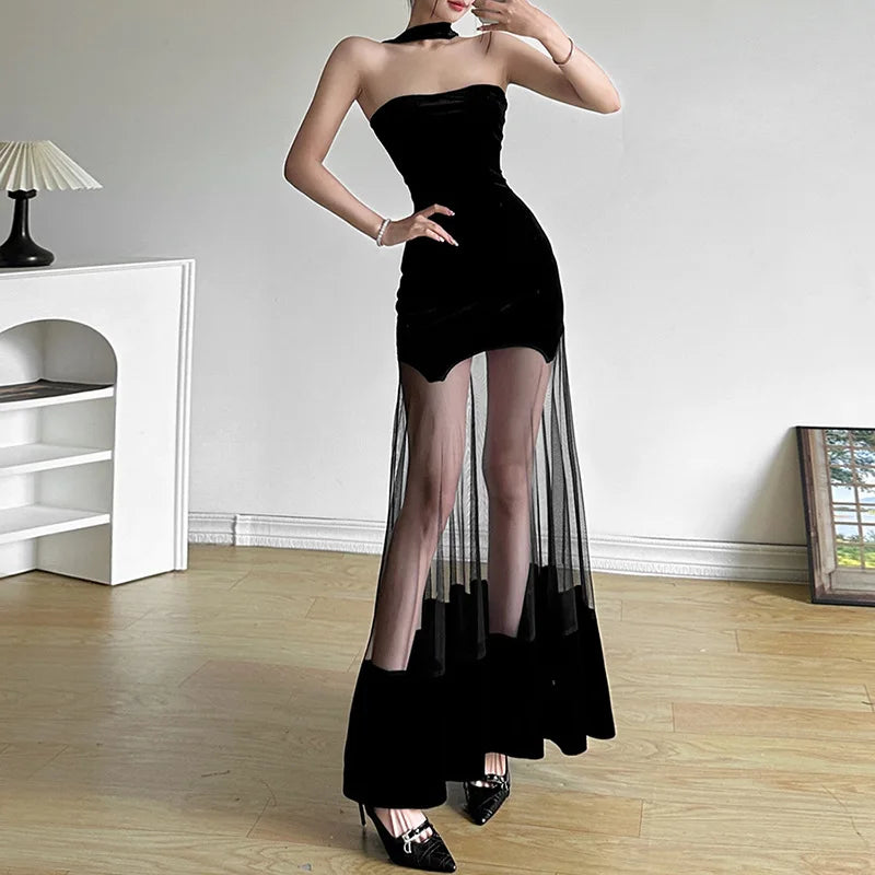 EVENINGS - Fun and Unique Dark Velvet Spandex, Pullover Party  Dress, Mesh See-thru Bottom, S-L, Backless.