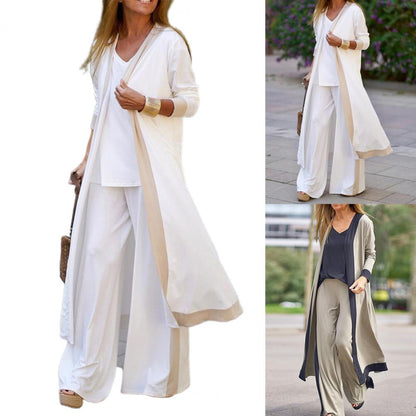 SETS - Sporty elegance in a Three-Piece Set. Women's Outfit Long Cardigan Sling Top, Wide Leg Pants, Camisole Top. This three-piece set's beautiful color block design ensures that it is stylish and far from monotonous. The lo