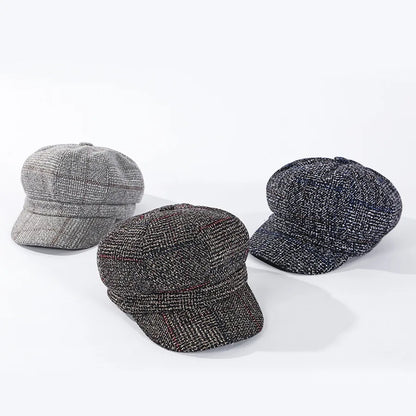 HAT -  Newsboy Cap, Six Colors, Thickened Plaid Woolen Octagonal Hat with Brim for Shade.