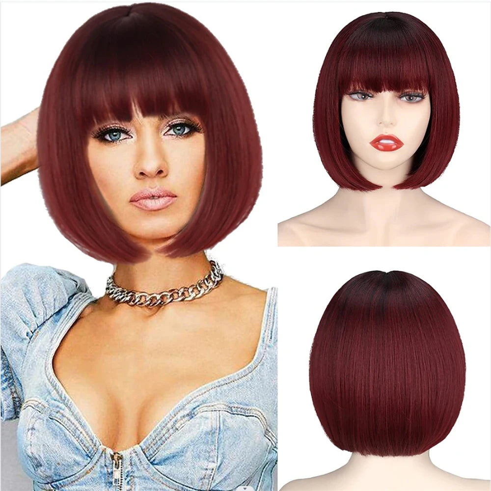 HAIR - Discover the allure of a short, straight bob wig available in white or dark umber red, featuring bangs for a complete look. Crafted from natural, synthetic hair that mimics the appearance of natural locks, this