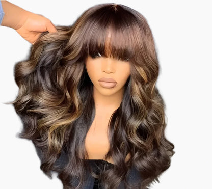 HAIR -  Ombre Highlighted Body Wave, Real Human Hair Wig with Bangs, ideal for everyday wear with a comfortable cap.