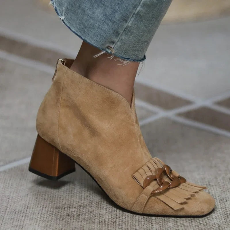 HOT SALES Autumn/Winter Women Boots Sheep Suade Round Toe Square Mid-Heel Ankle Boots Tassel Zipper Fashion Office Ladies Shoes