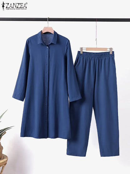 SETS - A casual chic long shirt paired with matching loose trousers can transition from elegant office wear to semi-dressy occasions with a simple jewelry change. Colors 4, Sizes S-5XL.