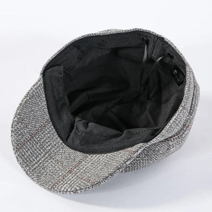 HAT -  Newsboy Cap, Six Colors, Thickened Plaid Woolen Octagonal Hat with Brim for Shade.