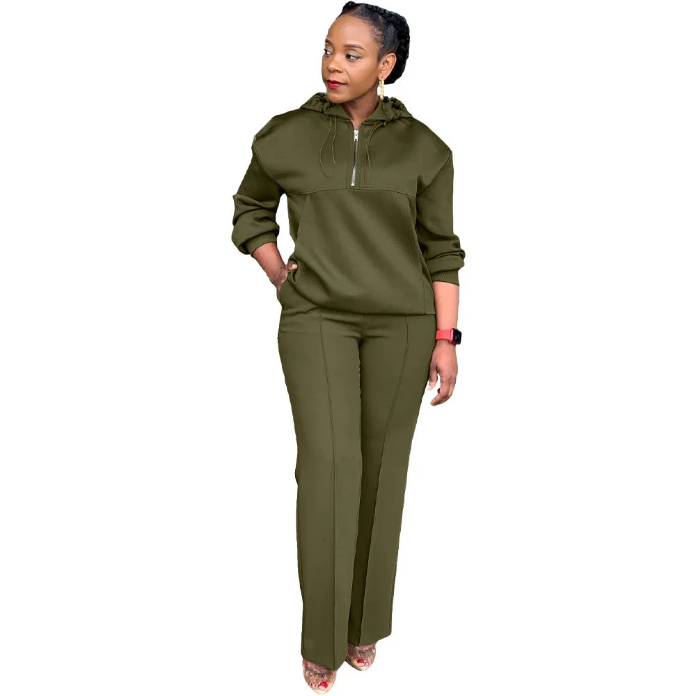 Sweatshirts Two Pieces Set Women Hooded Half Zipper Top Pants Suit Elastic Waist Trousers Sports Pockets Casual Elegant Lady