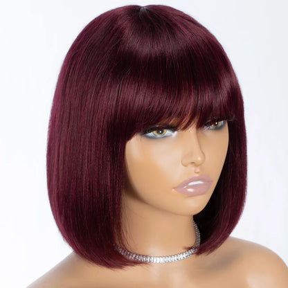 HAIR - Chic Short Real Human Hair Wig with Bangs, Pixie Cut Brazilian Hair Wigs, suitable for all occasions, are available in nine (9) colors and are ten (10) inches long. They are easy to maintain, style, trim, and care for.