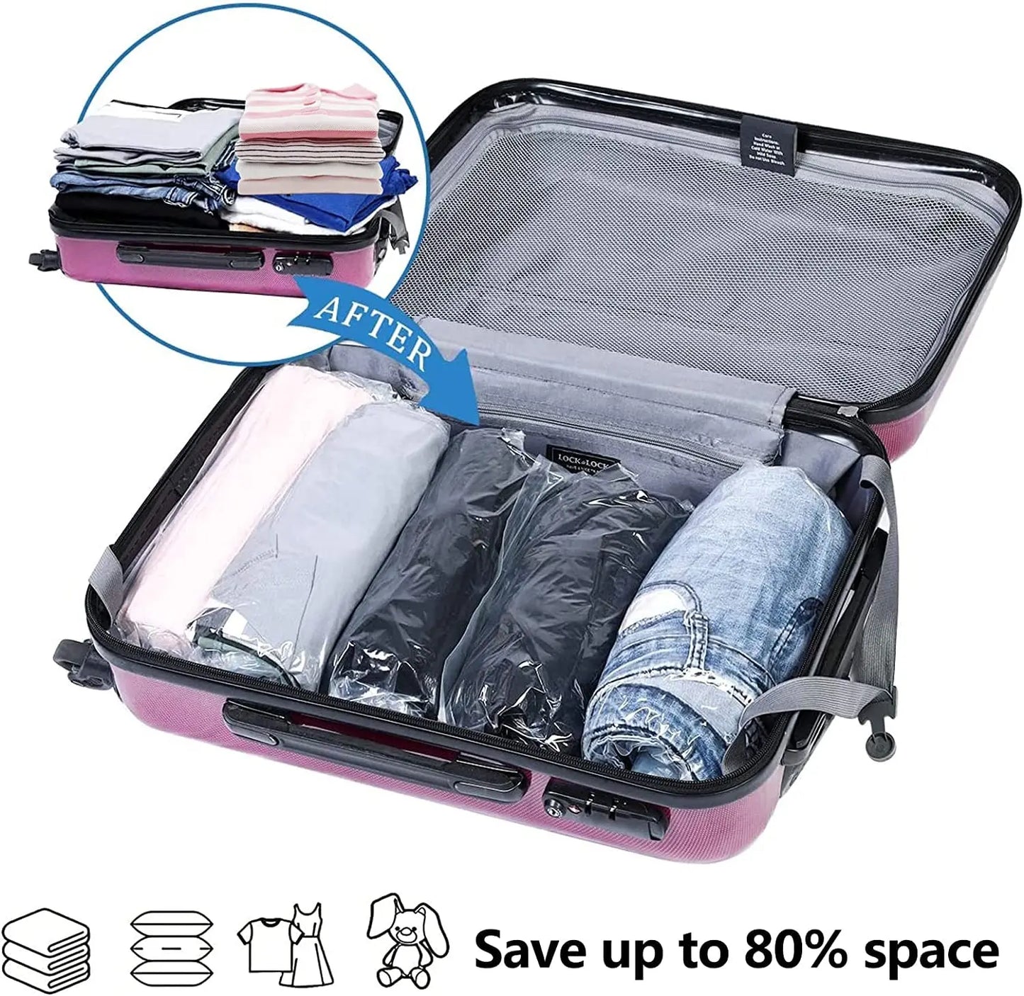 TRAVEL - Compression Bags , No Pump Needed, Roll Up Travel Space Saver Storage Bags, Land, Air Road and Cruise Ship Essentials  Packing-Organizer