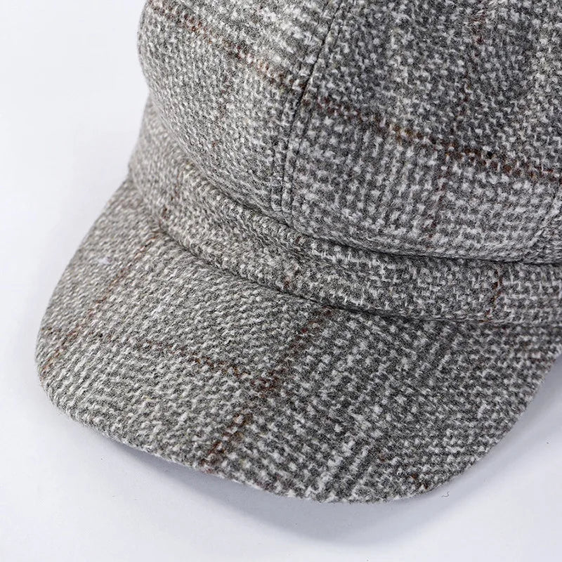 HAT -  Newsboy Cap, Six Colors, Thickened Plaid Woolen Octagonal Hat with Brim for Shade.