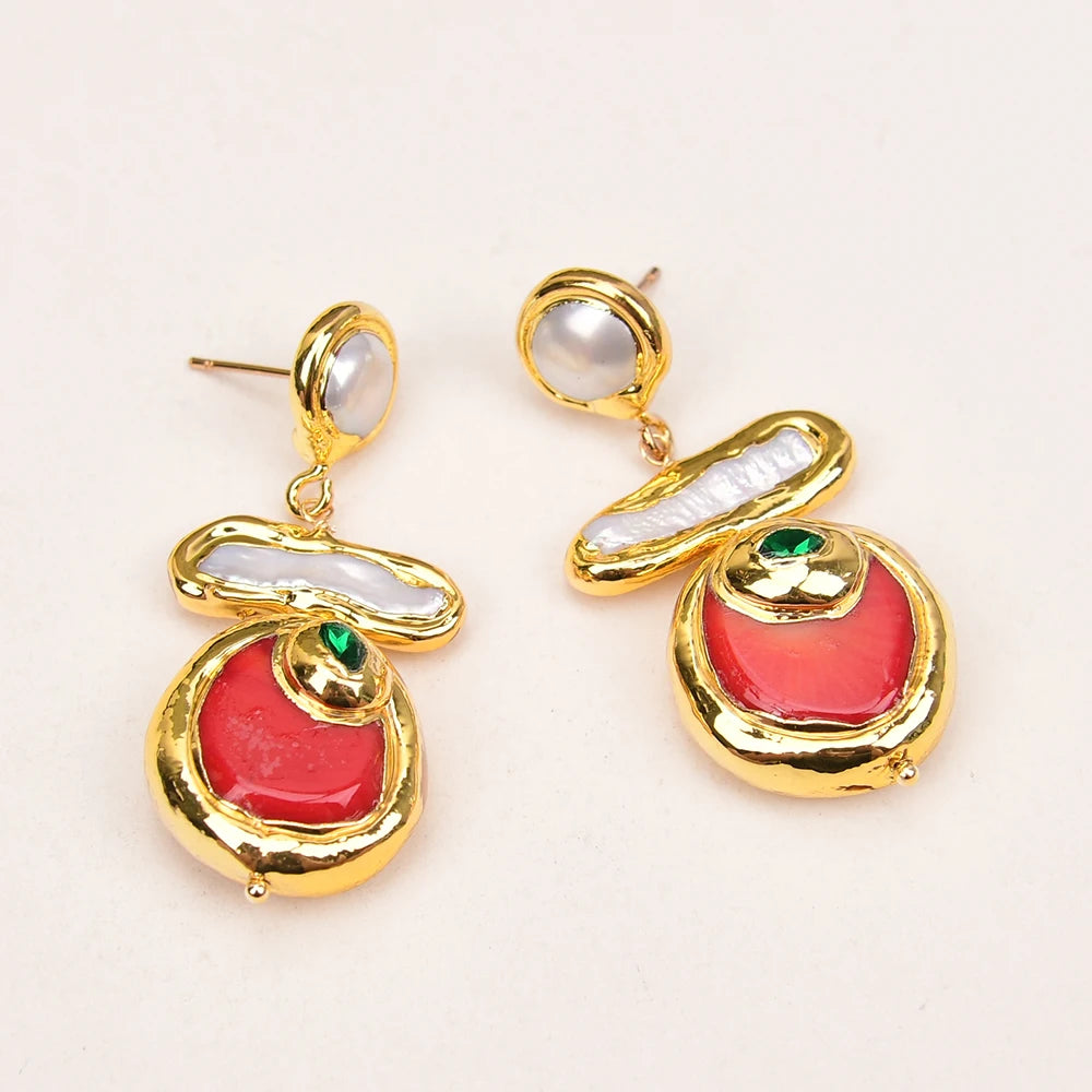 G-G Natural Red Coral Gold Edge Plated Green CZ Crystal Pave White Biwa Pearl Dangle Earrings Lady Coral Jewelry Gifts