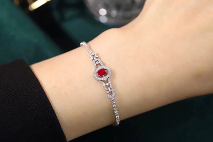 FJ BRACELETS - Elegant 100% 18K White Gold Bracelet, Romantic Style Natural Ruby and Luxury Diamond Jewelry.