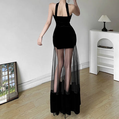 EVENINGS - Fun and Unique Dark Velvet Spandex, Pullover Party  Dress, Mesh See-thru Bottom, S-L, Backless.