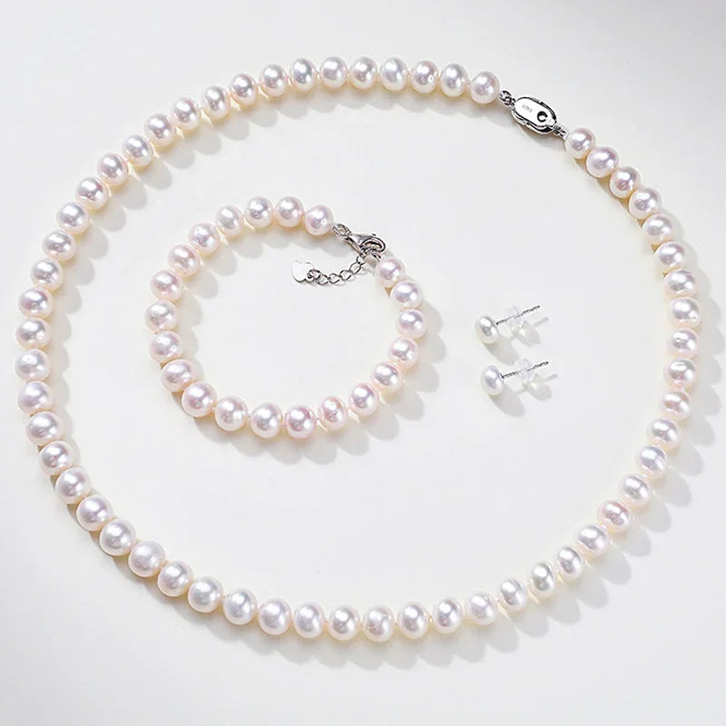 FJ NECKLACE SET -  Natural Japanese Akoya Pearl AAAA6-10mm Pearl Necklace, 18inch+Bracelet, 7.5-8inch Earrings, Set. .S925