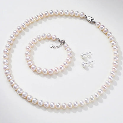 FJ NECKLACE SET -  Natural Japanese Akoya Pearl AAAA6-10mm Pearl Necklace, 18inch+Bracelet, 7.5-8inch Earrings, Set. .S925