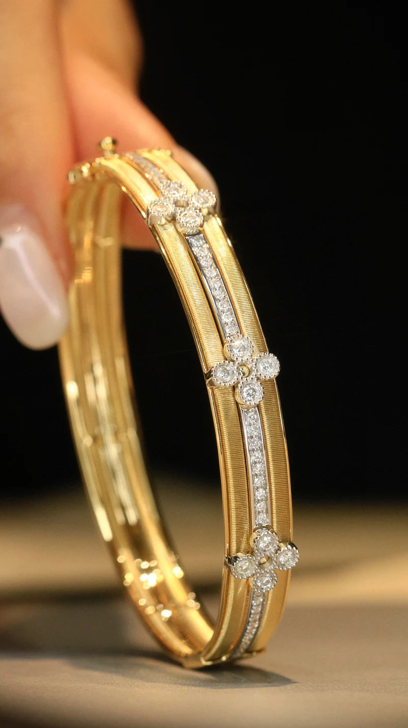 FJ BRABELET -  Stunning 100% 18K Yellow Gold Bangle Vintage Palace Design 0.63 carat Natural Diamond Bangle for Women High Party Jewelry