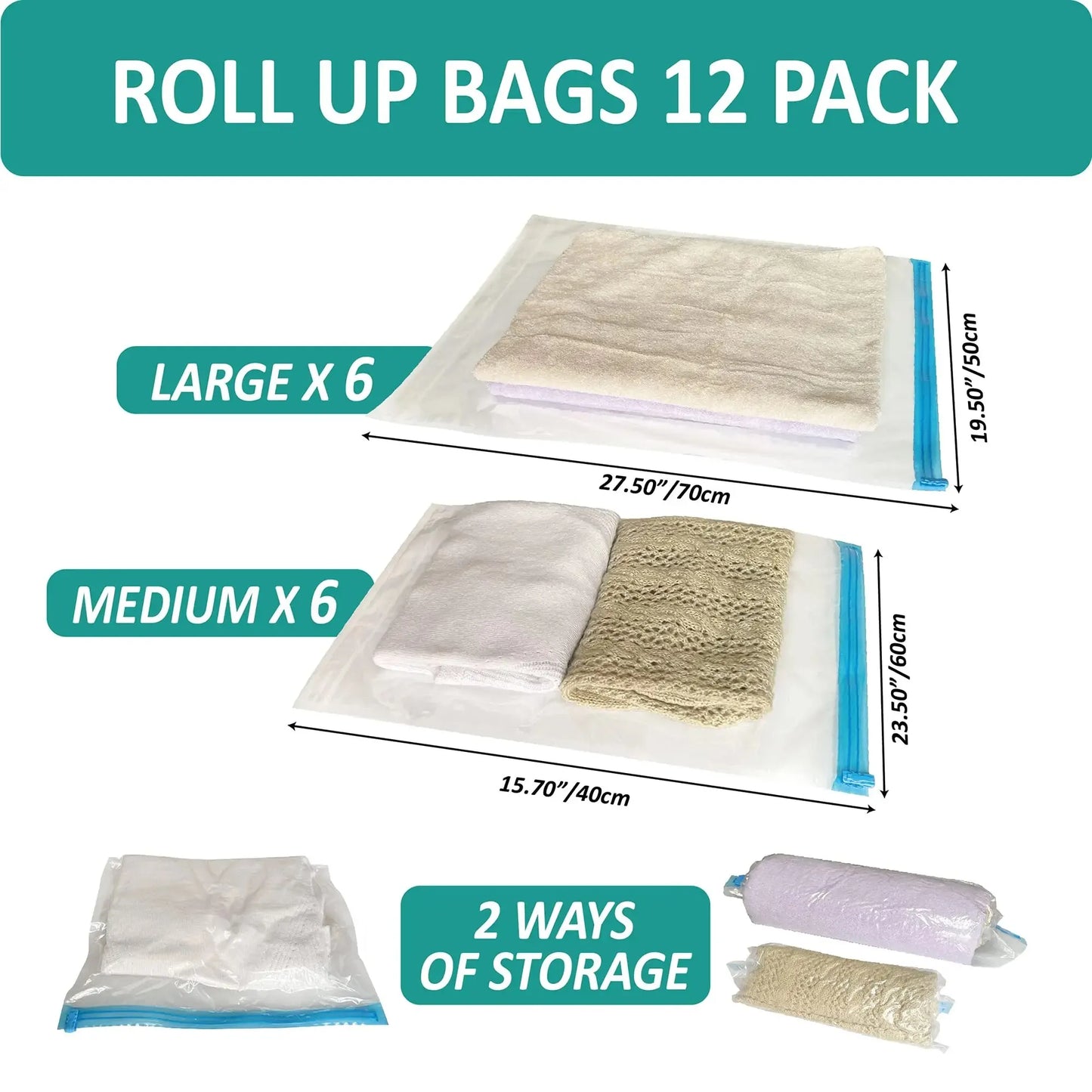 TRAVEL - Compression Bags , No Pump Needed, Roll Up Travel Space Saver Storage Bags, Land, Air Road and Cruise Ship Essentials  Packing-Organizer