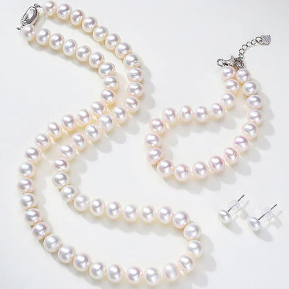 FJ NECKLACE SET -  Natural Japanese Akoya Pearl AAAA6-10mm Pearl Necklace, 18inch+Bracelet, 7.5-8inch Earrings, Set. .S925