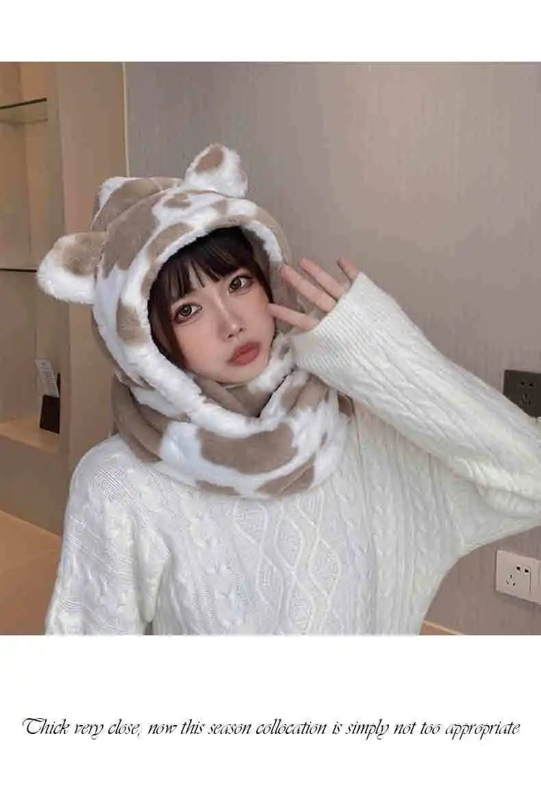 SET - Cute Bear Ears Warmer, Scarf Cap, Glove, Neck Warmer 3-Piece Set, Kawaii Anime Plush Y2k Faux Fur Scarves.