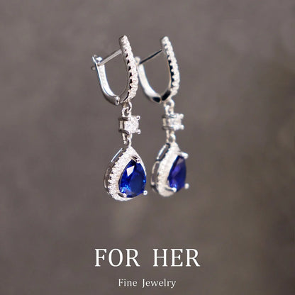 EARRINGS - Water Drop Design, .925 Sterling Silver,  Sapphire Luxury Fine Jewelry