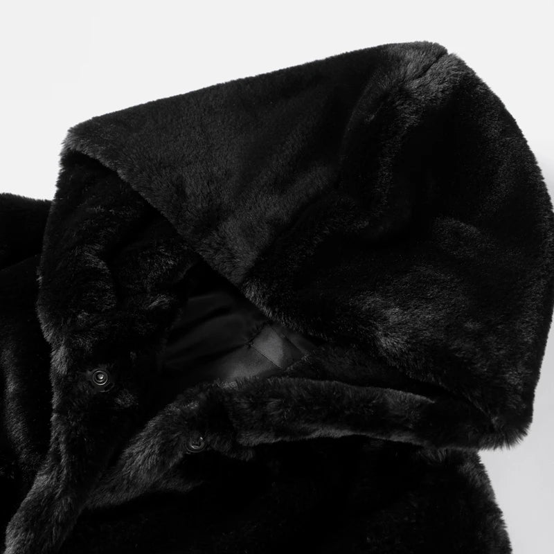 FAUX FUR COAT - Soft and Thick Imitation Mink Fur Coat, Black Hooded, Warm and Comfortable.