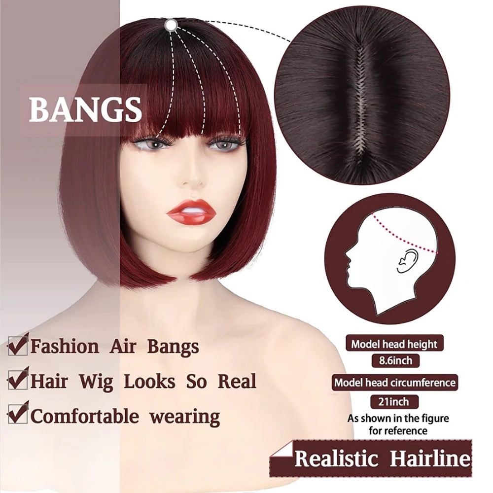 HAIR - Discover the allure of a short, straight bob wig available in white or dark umber red, featuring bangs for a complete look. Crafted from natural, synthetic hair that mimics the appearance of natural locks, this