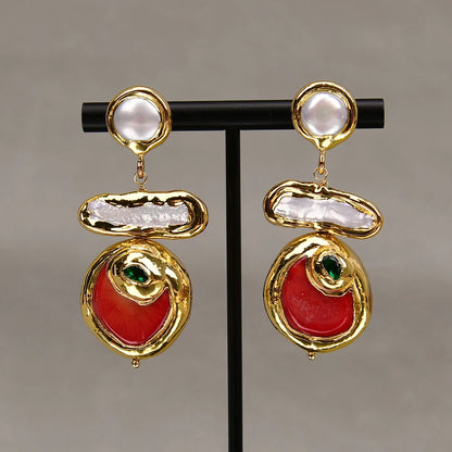 G-G Natural Red Coral Gold Edge Plated Green CZ Crystal Pave White Biwa Pearl Dangle Earrings Lady Coral Jewelry Gifts