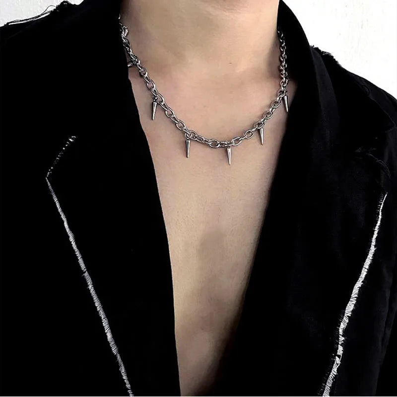 NECKLACE - Stainless Steel Chains Rivet Choker Necklace,  Hip-hop Punk Wolf Tooth Jewelry.