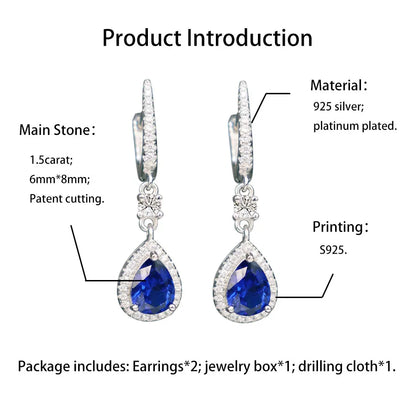 EARRINGS - Water Drop Design, .925 Sterling Silver,  Sapphire Luxury Fine Jewelry