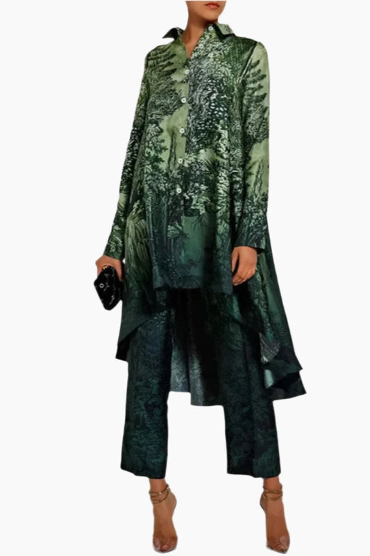 SETS - Beautifully made Asymmetrical Pattern Printed Two-piece Sets, Lapel Button, Hem Shirt w/Straight Pants in 2 shades of green..