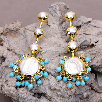 EARRINGS -  Cultured Large Coin Pearls, Authentic White Keshi Pearls, Blue Turquoise Beads, Handcrafted Dangle Earrings.