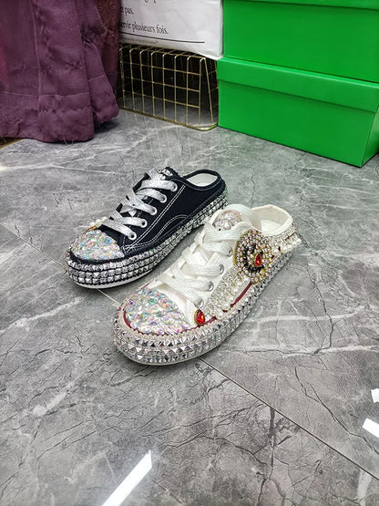 FOOTWEAR - Canvas shoes embellished with sparkling rhinestone diamonds, featuring handmade rivets, a half-slipper design, round toe, and a low heel, available in two colors.