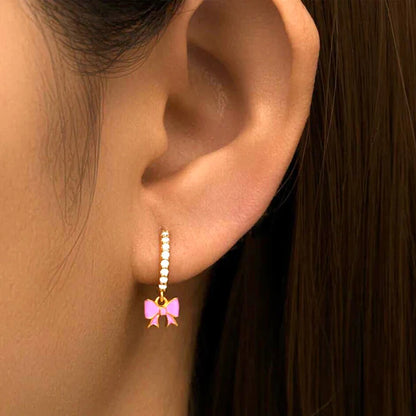 EARRINGS - Fashion Jewelry .925 Sterling Silver Pink Enamel Bow Pendant, Hoop Earrings for any occasion. (See Necklace and ring matches)